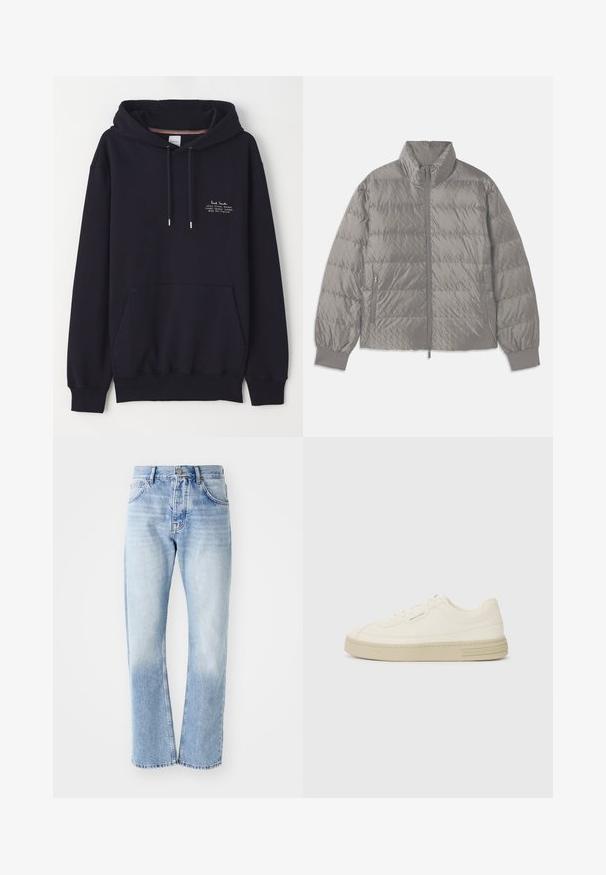 Giacca puffer grigia trapuntata con colletto alto, due tasche laterali con zip, polsini elasticizzati e una texture leggera e liscia.; Felpa blu navy con tasca frontale, coulisse e piccolo testo bianco che dettaglia il marchio e l'indirizzo. Realizzata in tessuto morbido.; Jeans in denim blu chiaro con taglio dritto. Presentano un design a cinque tasche, apertura con bottone e una texture sbiadita verso il fondo.; Sneakers bianche in tela con suola in gomma testurizzata, dotate di una punta cucita e di un accento con logo sul tallone. Design semplice con lacci.