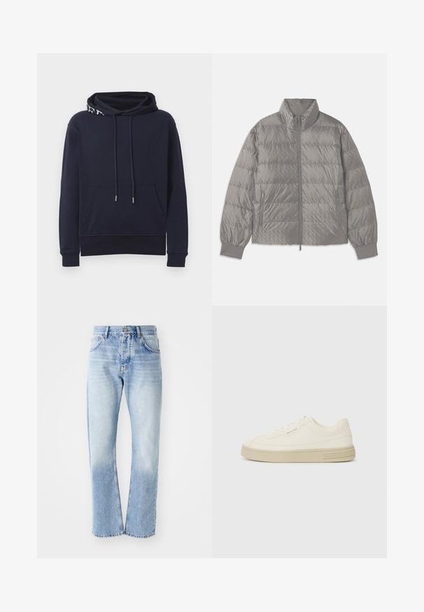 Kvadrāta šuvju pelēks pūkainais mētelis ar augstu apkakli, divām sānu kabatām ar rāvējslēdzēju, elastīgām aprocēm un vieglu, gludu tekstūru.; Tumši zils džemperis ar priekšējo kabatu, ar auklu regulējamu kapuci, kas satur daļēji baltu tekstu, un ribotām piedurknēm un apakšmalu.; Gaiši zili džinsu bikses ar taisnu kāju griezumu. Ar piecu kabatu dizainu, pogu aizdari un izbalējušu tekstūru apakšā.; Baltas kanvas sporta apavi ar strukturētu gumijas zoli, ar šūtu purngalu un logotipu uz papēža. Vienkāršs auklu aizdare dizains.