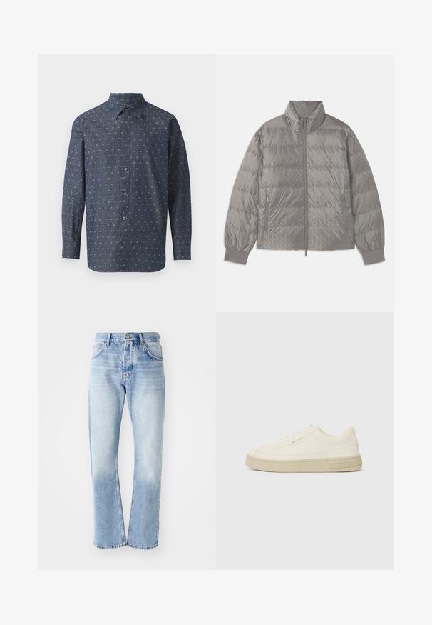 Prošívaná šedá péřovka s vysokým límcem, dvěma bočními zipovými kapsami, elastickými manžetami a lehkým, hladkým povrchem.; Košile na knoflíky z tmavě námořnické látky s texturovaným potiskem malých bílých a světle modrých vzorů, s klasickým límečkem a dlouhými rukávy.; Světle modré riflové džíny se střihem rovné nohavice. Mají pět kapes, knoflíkový zip a vybledlý vzhled směrem k dolní části.; Bílé plátěné tenisky s texturovanou gumovou podrážkou, se šitým špičkovým krytem a logem na patě. Jednoduchý design na šněrování.