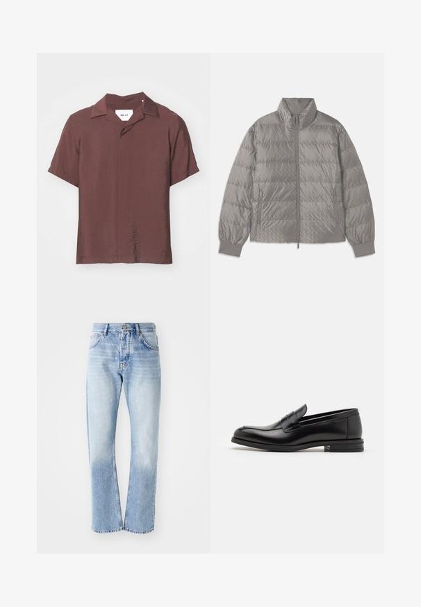 Grau gepolsterte Steppjacke mit hohem Kragen, zwei seitlichen Reißverschlusstaschen, elastischen Bündchen und einer leichten, glatten Textur.; Kurzärmliges, kragenloses Hemd in einem tiefen Burgunderrot. Strukturierter, leichter Stoff mit lockerer Passform und subtilem Glanz. Etikett sichtbar.; Helle blaue Jeans mit geradem Schnitt. Verfügt über ein Fünf-Taschen-Design, einen Knopfverschluss und eine ausgewaschene Textur zum unteren Bereich hin.; Schwarze Lederloafers mit glatter Textur, rundem Zehenbereich und einem dekorativen Riemen über dem Vorderfuß. Niedriger, gestapelter Absatz, minimalistisches Design.