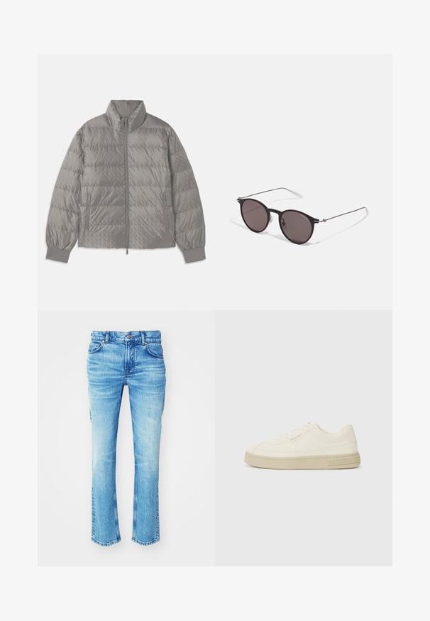 Chaqueta acolchada gris tipo pluma con un alto cuello, dos bolsillos laterales con cremallera, puños elásticos y una textura ligera y suave.; Camiseta de algodón negra con cuello redondo, mangas cortas y el logo de "EMPORIO ARMANI" en blanco sobre "Milano" en un diseño curvado.; Vaqueros de mezclilla azul con un lavado desvaído, diseño de pierna recta y dobladillo sin terminar. Presenta un estilo de cinco bolsillos y detalles de botones metálicos.; Zapatillas de lona blancas con suela de goma texturizada, que cuentan con una puntera cosida y un acento de logo en el talón. Diseño simple de cordones.; Gafas de sol redondas negras con lentes oscuros y brazos metálicos delgados. Incluye puntas de varilla transparentes y acentos plateados en la bisagra. Diseño minimalista.