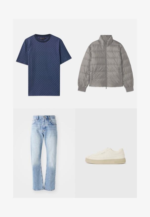 Quiltet grå pufferjakke med høj krave, to sidelommer med lynlåse, elastiske manchetter og en let, glat tekstur.; Mørkeblå bomulds T-shirt med et geometrisk MK-logo mønster. Har rund hals og korte ærmer, med tekstureret stof over det hele.; Lyseblå denim jeans med lige ben. Har en fem-lomme design, knaplukning og en falmet tekstur mod bunden.; Hvide kanvas sneakers med en tekstureret gummisål, der har en syet tåhætte og logoaccent på hælen. Simpel snørebåndsdesign.