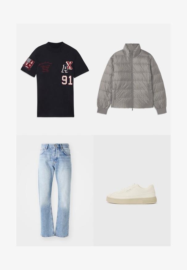 Kootud hall puffjakkk, millel on kõrge krae, kaks külgpocketit lukuga, elastsed varrukad ja kerge, sile tekstuur.; Must värvi puuvillane T-särk, mis sisaldab broderitud graafikat, sealhulgas "AX" ja "91" valge ja punase värviga, ning embleemiga "A/X 91" varruka peal.; Heled sinine teksapüksid sirge lõikega. Omab viit taskut, nööpide kinnitust ja pleekinud tekstuuri allosas.; Valged kangast spordijalatsid tekstureeritud kummist tallaga, tükkide õmblusega varbakaitsme ja logo rõhuasetusega kandmisel. Lihtne lipsuga disain.