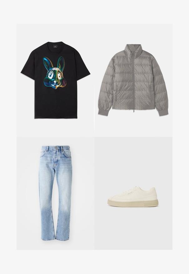 Quilted grey puffer jacket with a high collar, two side zip pockets, elasticized cuffs, and a lightweight, smooth texture.; Black cotton t-shirt featuring a colorful, abstract rabbit face illustration on the front. Round neck, short sleeves, and loose fit.; Light blue denim jeans with a straight-leg cut. Features a five-pocket design, button fly, and faded texture towards the bottom.; White canvas sneakers with a textured rubber sole, featuring a stitched toe cap and logo accent on the heel. Simple lace-up design.