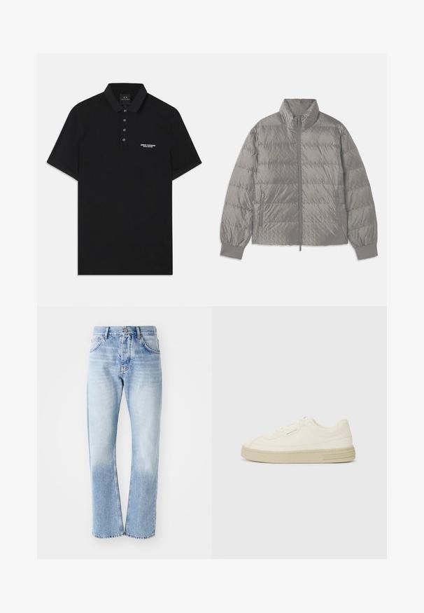 Quilted grey puffer jacket with a high collar, two side zip pockets, elasticized cuffs, and a lightweight, smooth texture.; Black polo shirt made of cotton, featuring a standard collar, three-button placket, and a small white "Armani Exchange" logo on the left.; Light blue denim jeans with a straight-leg cut. Features a five-pocket design, button fly, and faded texture towards the bottom.; White canvas sneakers with a textured rubber sole, featuring a stitched toe cap and logo accent on the heel. Simple lace-up design.