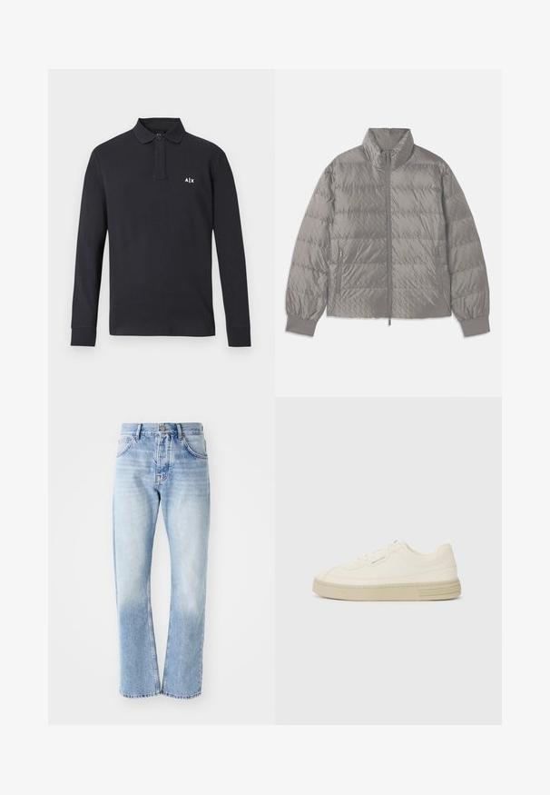 Gequilted grijze pufferjack met een hoge kraag, twee zijzakken met rits, elastische manchetten en een lichte, gladde textuur.; Zwarte polo met lange mouwen, kraag en knoopsluiting, met een witte "A|X" logo op de linkerkant van de borst.; Lichtblauwe denim jeans met een rechte pijp. Voorzien van een vijf-pocket ontwerp, knoopsluiting en een vervaagde textuur naar de onderkant.; Witte canvas sneakers met een gestructureerde rubberen zool, featuring een gestikte neuskap en logo-accent op de hak. Eenvoudig vetersluiting ontwerp.