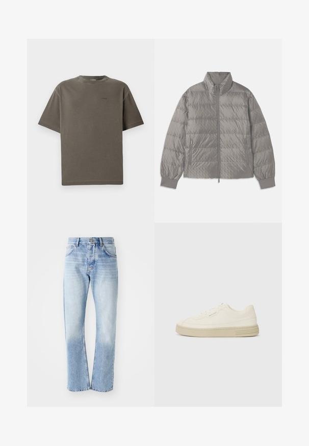 Pamušaluota pilka pūkinė striukė su aukštu apykakle, dviem šoninėmis užtrauktukų kišenėmis, elastingomis rankovėmis ir lengva, lygiomis tekstūromis.; Olive spalvos trumpomis rankovėmis marškinėliai, pagaminti iš minkštos medvilnės, su apvalia iškirpte ir mažuoju pasirinktu "CLOSED" logotipu išsiuvinėtu priekyje.; Šviesiai mėlynos džinsinės kelnės su tiesia sijonu. Savybės: penkių kišenių dizainas, mygtukų užtrauktukas ir blukus tekstūra apačioje.; Baltos drobės sportbačiai su tekstūruota guma padais, turintys siuvinėtą pirštų apsaugą ir logotipo akcentą ant kulno. Paprastas rišamas dizainas.