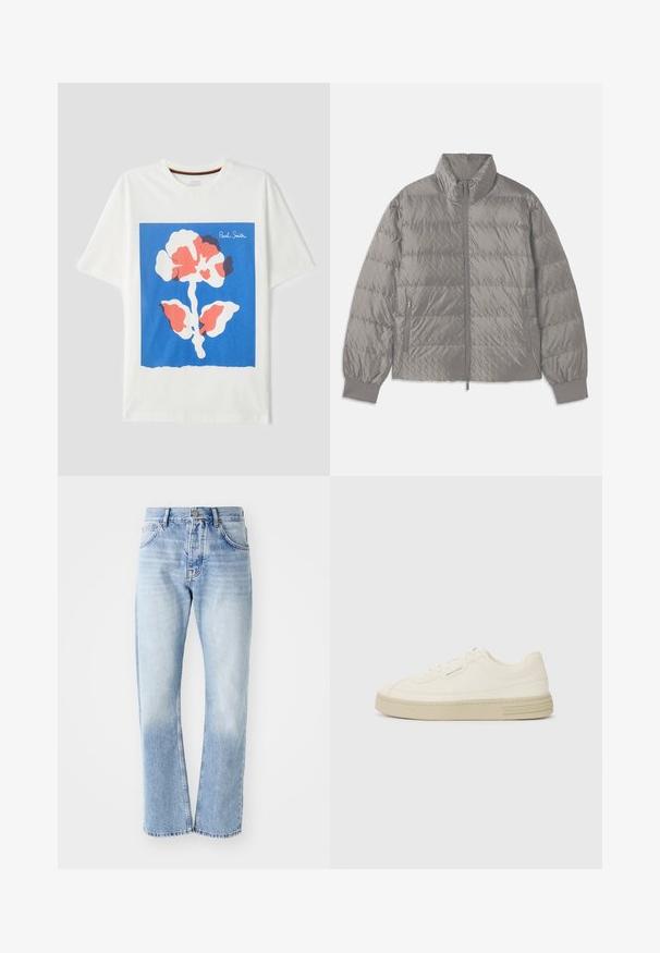 Casaco puffer cinza acolchoado com gola alta, dois bolsos laterais com fecho de correr, punhos elásticos e uma textura leve e suave.; T-shirt de algodão branca com um grande gráfico quadrado azul, apresentando um design de flor abstrata multicolorida e "Paul Smith" impresso num dos cantos.; Calças de ganga azul claro com corte de perna reta. Apresenta um design de cinco bolsos, fecho de botão e uma textura desbotada na parte inferior.; Ténis de tela brancos com sola de borracha texturizada, apresentando uma biqueira cosida e um detalhe com o logótipo no calcanhar. Design simples com atacadores.