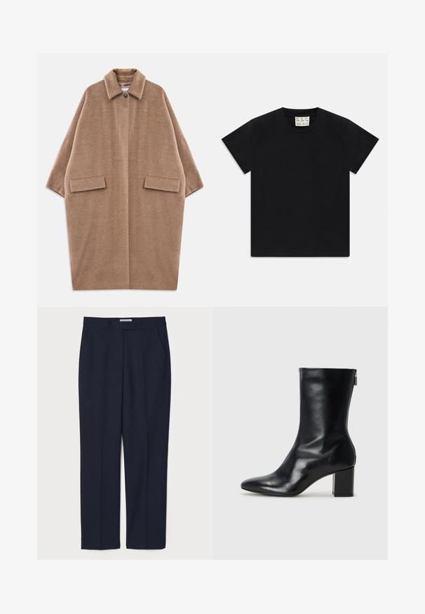 Barna, túlnyúló gyapjúkabát széles ujjakkal, gombos záródással a galléron és két elülső zsebből álló zsebbel, fehér háttéren fekve.; Fekete, rövid ujjú, kerek nyakú póló fehér címkével a gallér belsejében, amelyen az "D.R.C. EST. 2002" felirat szerepel, fehér háttéren.; Sötétkék, testre szabott nadrág, sima anyagból készült, lapos elülső résszel, oldalsó zsebekkel és struktúrált derékrésszel.; Fekete bőr bokacipő hegyes orral és 4 cm-es blokkfallal. Simán díszített designja oldalra nyíló cipzárral rendelkezik, ami megkönnyíti a felvételt. Simább textúrával.