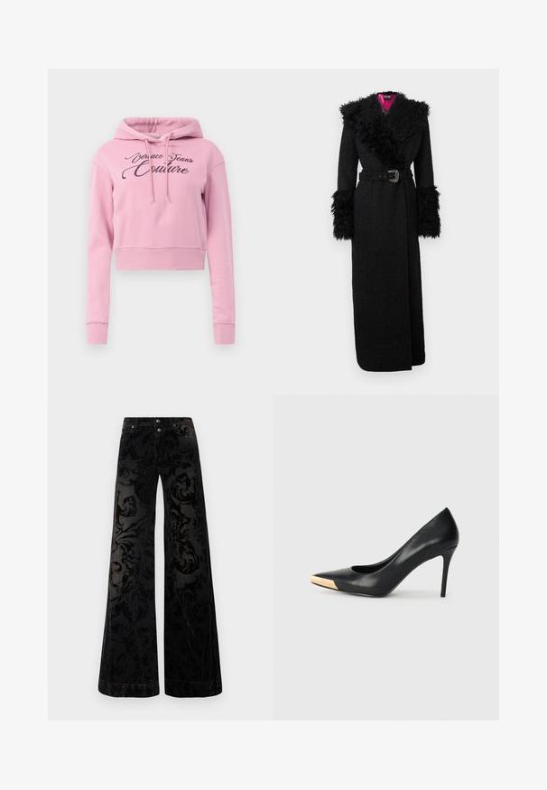 Cappotto lungo nero con colletto e polsini in pelliccia ecologica morbida, vita con cintura e tessuto strutturato, con una vivace fodera rosa.; Hoodie corto rosa con cappuccio regolabile e la scritta "Versace Jeans Couture" in glitter nero sulla parte frontale. Tessuto morbido, orlo a costine.; Pantaloni neri a gamba larga realizzati in velluto con motivo a onde strutturate, caratterizzati da un design a vortice testurizzato, due bottoni frontali e uno stile classico da denim.; Pump nera in pelle con tacco alto e punta affilata; presenta un accento metallico dorato sulla parte superiore. Superficie liscia con un design elegante.