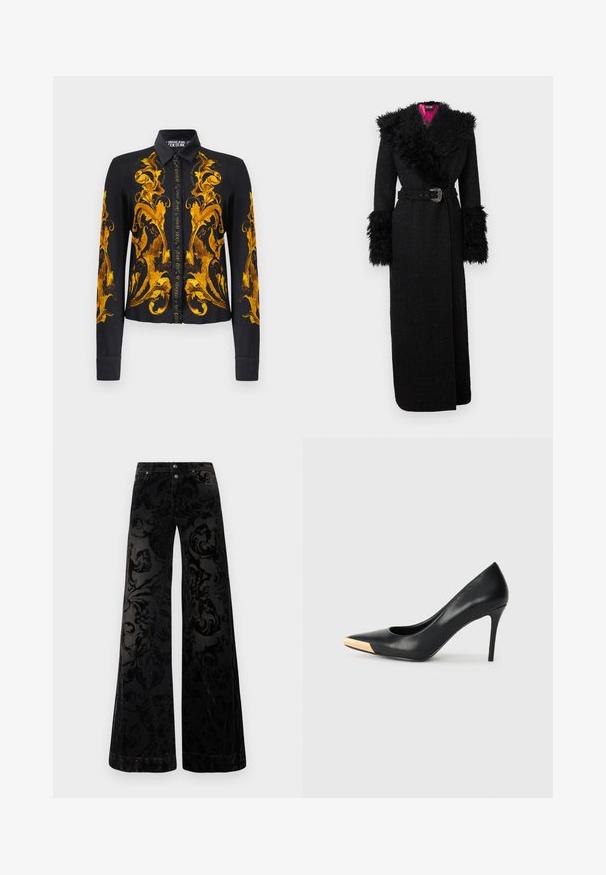 Black long coat with a plush faux fur collar and cuffs, belted waist, and textured fabric, featuring a vibrant pink lining.; Black long-sleeve button-up shirt with ornate golden baroque floral patterns on front, sleeves, and collar, Versace Jeans Couture label.; Black wide-leg pants made from patterned velvet, featuring a textured swirl design, two front buttons, and a classic denim style.; Black leather high-heeled pump with a pointed toe; features a metallic gold accent on the toe cap. Smooth surface with a sleek design.