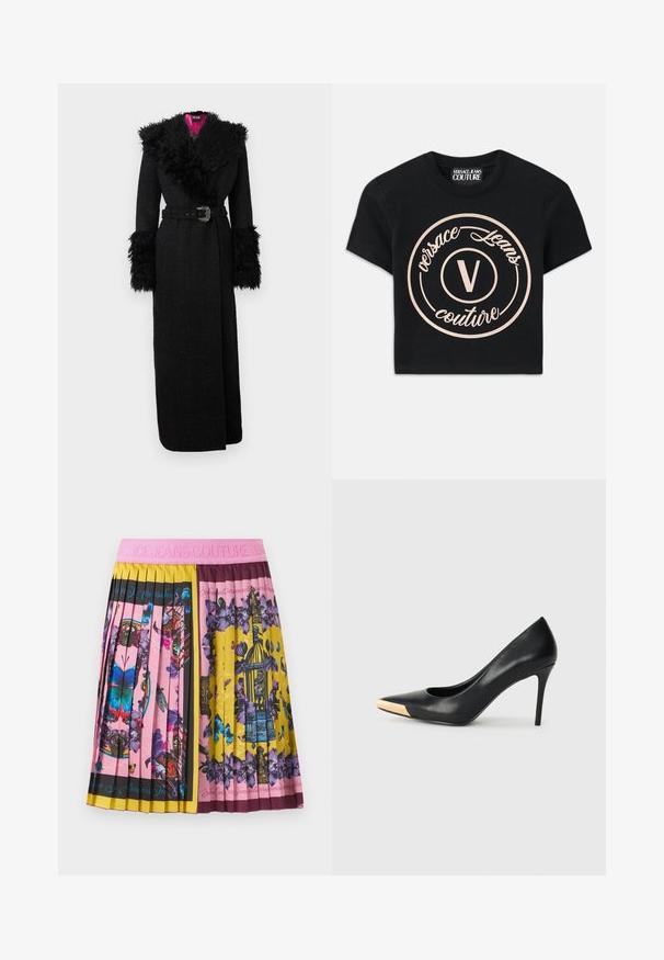 Palton negru lung cu guler și manșete din blană artificială plușată, talie cu centură și țesătură texturată, având o căptușeală vibrantă roz.; T-shirt negru din bumbac cu un mare logo circular bej, pe care se află inscripția "Versace Jeans Couture" și un "V" central, scris cu un font elegant. Mâneci scurte.; Fustă plisată cu talie roz, motive vibrante de fluturi, flori și cuști pentru păsări în blocuri de culori roz, galben, violet și negru.; Pantofii cu toc înalt din piele neagră, cu vârful ascuțit; prezintă un accent metalic aurit pe capacul degetului. Suprafață netedă cu un design elegant.