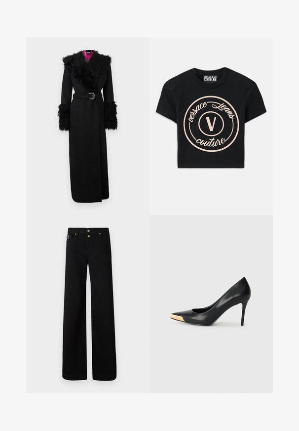 Musta pitkä takki, jossa on pehmeä tekoturkiskaulus ja -hihansuut, vyötäröllä vyö ja teksturoidusta kankaasta valmistettu, elävä pinkki vuori.; Musta puuvillapaita, jossa on suuri vaalean beige ympyrälogo, jossa lukee "Versace Jeans Couture" ja keskeinen "V" tyylikkäällä fontilla. Lyhyet hihat.; Mustat epäsuorat housut, jotka on valmistettu puuvillasta, ja joissa on nappisulku ja kaksi etutaskua. Erityiset kultaiset napit sulkemiseen ja tyyliin.; Musta nahkainen korkea korkokenkä kapealla kärjellä; siinä on metallinhohtoinen kultainen yksityiskohta varpaankärjessä. Suora pinta ja tyylikäs muotoilu.