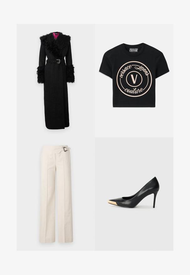 Melnā gara mēteļa ar mīkstu mākslīgās kažokādas apkakli un aprocēm, jostasvietu ar jostu un fakturētu audumu, ievērojama dzīvīga rozā oderējuma.; Melnas kokvilnas T-krekls ar lielu beigtas krāsas apļveida logotipu, uz kura rakstīts "Versace Jeans Couture", un vidū elegantā fontā "V". Īsas piedurknes.; Kremlēni platās kājas bikses ar teksturētu virsmu. Iekļauj sānu krokas un dekoratīvu jostu ar apaļu sprādzi.; Melna ādas augstpapēžu kurpe ar smailu purngalu; ar metālisku zelta akcentu purngalā. Gluda virsma ar elegantu dizainu.