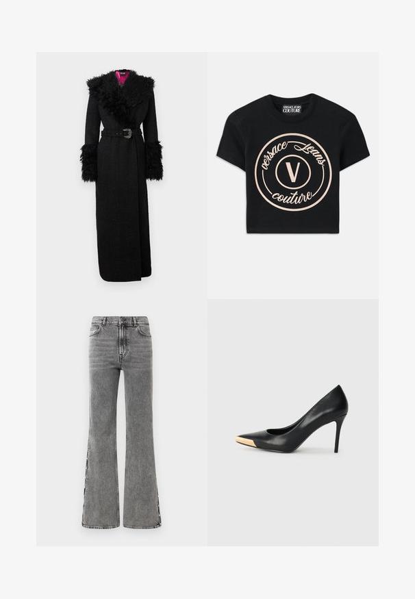 Čierny dlhý kabát s plyšovým umelým kožušinovým golierom a manžetami, opásaný v páse a z textúrovaného materiálu, s výraznou ružovou podšívkou.; Čierne bavlnené tričko s krátkymi rukávmi, ktoré má veľké béžové kruhové logo s nápisom "Versace Jeans Couture" a centrálnym "V" v elegantnom písme.; Čierne denimové nohavice s rozšírenými koncami a vysokým pásom. Obsahujú viditeľné švy a detaily s bočnými rozparky, čo poskytuje textúrovaný vzhľad.; Čierny kožený lodičkový topánok na vysokom opätku s špicatou špičkou; zdobený kovovým zlatým akcentom na špičke. Hladký povrch s elegantným dizajnom.