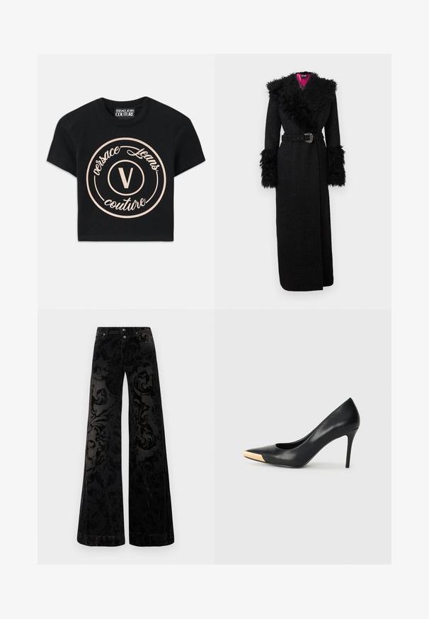 Palton negru lung cu guler și manșete din blană artificială plușată, talie cu centură și țesătură texturată, având o căptușeală vibrantă roz.; T-shirt negru din bumbac cu un mare logo circular bej, pe care se află inscripția "Versace Jeans Couture" și un "V" central, scris cu un font elegant. Mâneci scurte.; Pantaloni negri cu croială largă din catifea cu model, având un design texturat în formă de spirală, doi nasturi în față și un stil clasic de denim.; Pantofii cu toc înalt din piele neagră, cu vârful ascuțit; prezintă un accent metalic aurit pe capacul degetului. Suprafață netedă cu un design elegant.