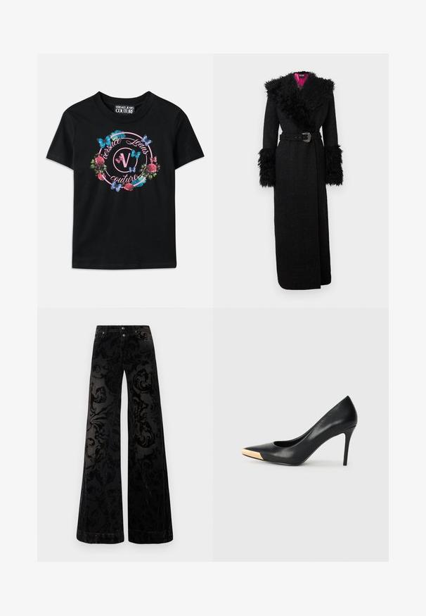 Must pikk mantel pehmeast kunstkarusnahast krae ja varrukaküljed, vöökohaga ning tekstureeritud kangaga, millel on erksav roosa vooder.; Must musträtik featuring colorful lillede ja liblikate graafika, roosa ja sinise aktsendiga. "Versace Jeans Couture" trükitud ringikujulises disainis.; Mustad laia säärega püksid, mis on valmistatud mustrilisest sametist ja millel on tekstuurse keerisega disain, kaks eesmist nuppu ja klassikaline teksastiil.; Mustmust suured mõõgapead; pöidla kurgus on metallist kullatooni aktsent. Sile pind ja peen disain.
