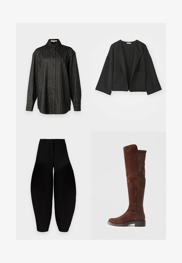 Svart kort jacka i mjukt material. Har vida ärmar, öppen front och två framfickor. Enkel, ren design utan knäppningar.; Svart och grå randig skjorta med långa ärmar, knäppning framtill och klassisk krage. Tillverkad av textil med en avslappnad passform.; Svarta vida byxor med hög midja, veckad front och smala anklar. Tillverkade av ett slätt tyg med matt finish.; Höga bruna mocka- och tygstövlar med låg svart klack och rund tå, visade i sidovy mot vit bakgrund.