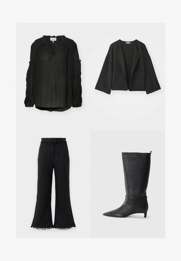 Schwarze, kurz geschnittene Jacke aus weichem Stoff. Mit weiten Ärmeln, offener Vorderseite und zwei Fronttaschen. Einfaches, klares Design ohne Verschlüsse.; MUNTHE OBSERVATION - Bluse - black; Schwarze weite Hosen aus strukturiertem Stoff, mit ausgefranstem Saum und elastischem Bund. Das Design zeichnet sich durch eine glatte Oberfläche und einen lässigen Schnitt aus.; Schwarze Lederkniehohe Stiefel mit spitzem Zehen, akzentuiert durch einen runden Riemen um das Knöchel und einen niedrigen, tapernden Absatz. Glatte Textur.