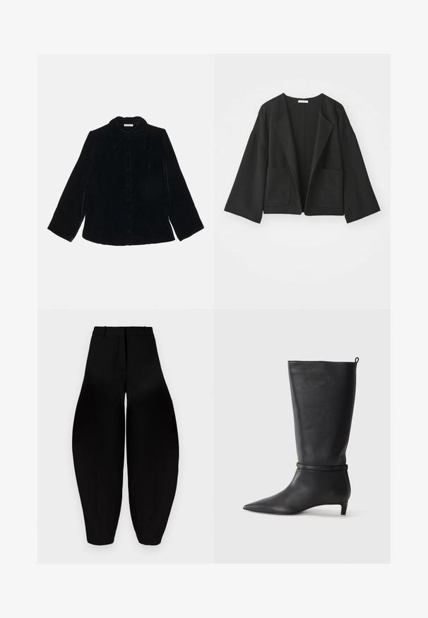 Black cropped jacket made of soft fabric. Features wide sleeves, an open front, and two front pockets. Simple, clean design without fasteners.; By Malene Birger ROSIANNAS - Button-down blouse - black; Black wide-leg trousers with a high waist, pleated front, and tapered ankles. Made from smooth fabric with a matte finish.; Black leather knee-high boot with a pointed toe, accented by a circular strap around the ankle and a low, tapered heel. Smooth texture.