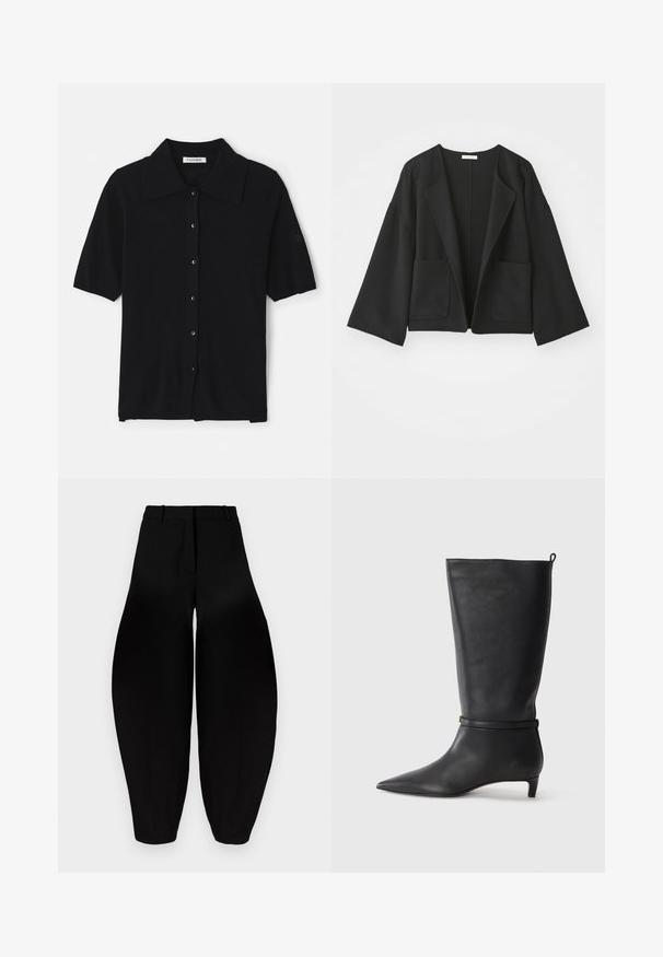 Black cropped jacket made of soft fabric. Features wide sleeves, an open front, and two front pockets. Simple, clean design without fasteners.; Black short-sleeve cardigan made of soft fabric, featuring a pointed collar, button closure, and subtle branding on the sleeve.; Black wide-leg trousers with a high waist, pleated front, and tapered ankles. Made from smooth fabric with a matte finish.; Black leather knee-high boot with a pointed toe, accented by a circular strap around the ankle and a low, tapered heel. Smooth texture.