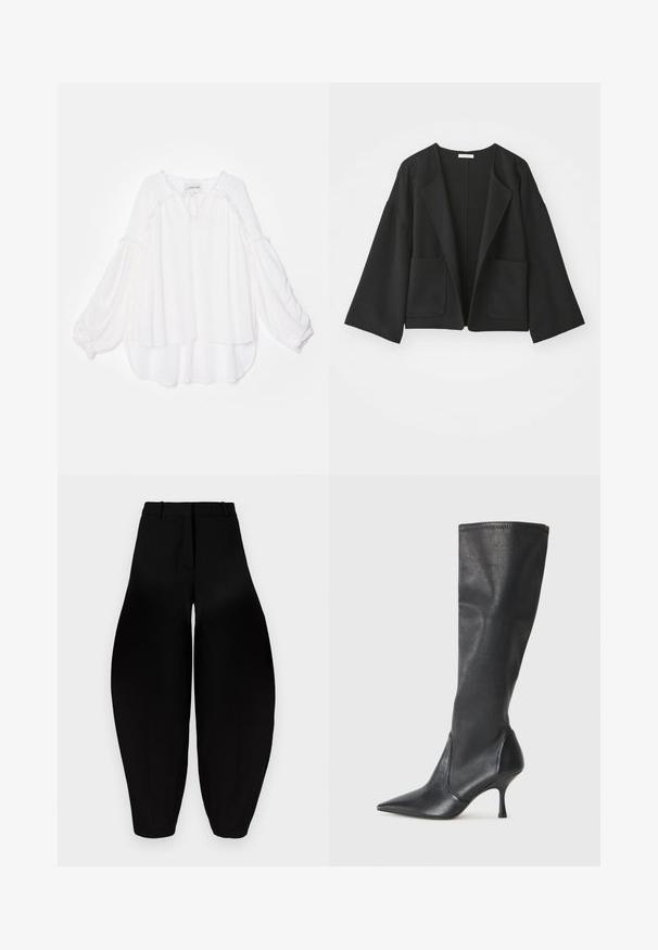 Giacca nera cropped realizzata in tessuto morbido. Presenta maniche larghe, un'apertura frontale e due tasche anteriori. Design semplice e pulito senza chiusure.; Blusa bianca con un design largo e stratificato. Caratterizzata da maniche lunghe e ampie e un bordo testurizzato lungo il collo e l'orlo. Tessuto morbido.; Pantaloni neri a gamba larga con vita alta, fronte plissettato e caviglie affusolate. Realizzati in tessuto liscio con finitura opaca.; Stivali neri in pelle al ginocchio con punta affusolata e tacco a stiletto sottile. Texture liscia con design aderente e cuciture lungo il bordo superiore.