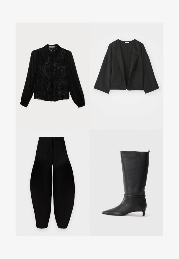 Schwarze, kurz geschnittene Jacke aus weichem Stoff. Mit weiten Ärmeln, offener Vorderseite und zwei Fronttaschen. Einfaches, klares Design ohne Verschlüsse.; Alice + Olivia Hemdbluse - gardenia black; Schwarze weit geschnittene Hose mit hoher Taille, gefaltetem Vorderteil und schmal zulaufenden Knöcheln. Hergestellt aus glattem Stoff mit matter Oberfläche.; Schwarze Lederkniehohe Stiefel mit spitzem Zehen, akzentuiert durch einen runden Riemen um das Knöchel und einen niedrigen, tapernden Absatz. Glatte Textur.