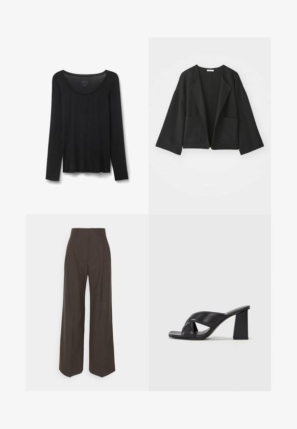Zwarte cropped jas van zacht stof. Heeft brede mouwen, een open voorkant en twee voorkeurszakken. Eenvoudig, strak ontwerp zonder sluitingen.; Zwarte lang-sleeve T-shirt van zachte stof. Heeft een brede ronde halslijn en een losse pasvorm met rechte zoom. Geen zichtbare patronen of accenten.; Donkerbruine wijde broek met een hoge taille, voorzien van strak geplooide plooien, een zachte textuur en een op maat gemaakte pasvorm.; MAX&Co. SOHO - Sandalen met hoge hak - schwarz