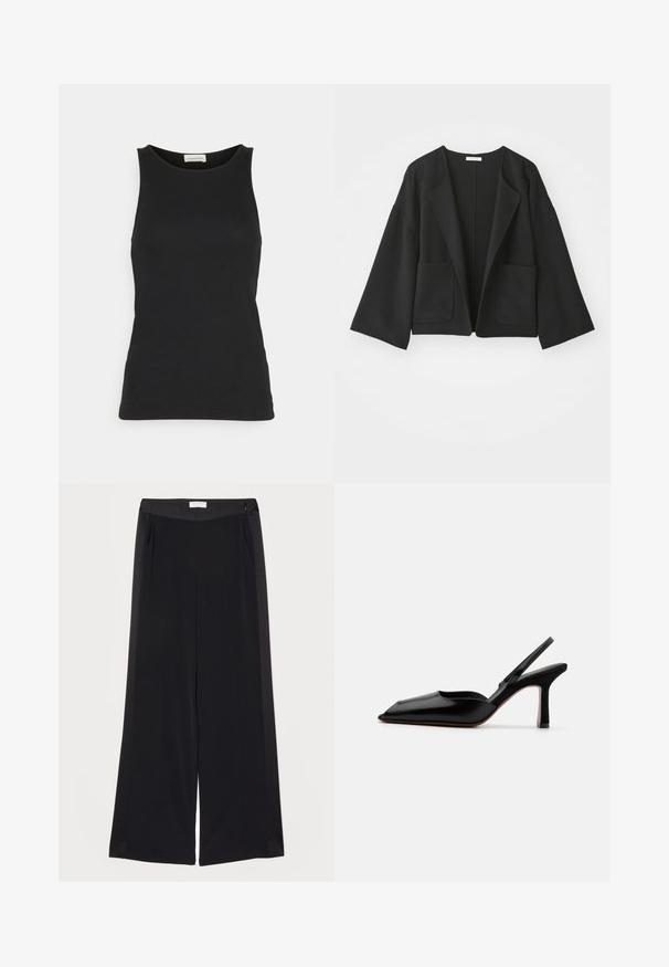 Svart kort jacka i mjukt material. Har vida ärmar, öppen front och två framfickor. Enkel, ren design utan knäppningar.; Svart ärmlös topp i ett mjukt och lätt tyg. Har en rundad halsringning och en figursydd siluett med minimala sömdetaljer.; Vida jeans i svart med vida ben, tillverkade av ett slätt tyg, med platt midja, veck och sidofickor. Klara linjer med minimal detaljering.; Svart läder slingback-häl med spetsig tå, minimalistisk design, tunn ankelrem och en elegant stilettklack. Slät textur.