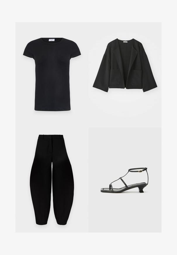Černá zkrácená bunda vyrobená z měkké tkaniny. Vyznačuje se širokými rukávy, otevřeným předním dílem a dvěma předními kapsami. Jednoduchý, čistý design bez zapínání.; Černé žebrované triko s kulatým výstřihem a krátkými rukávy. Měkká tkanina s přiléhavým střihem, s etiketou na krku.; Černé široké kalhoty s vysokým pasem, sklady na přední straně a zúženými kotníky. Vyrobeny z hladké látky s matným povrchem.; Černá kožená sandál s čtveratou špičkou, tenkými popruhy, nastavitelným kotníkovým popruhem a nízkým podpatkem. Obsahuje malý zlatý akcent na popruhu.