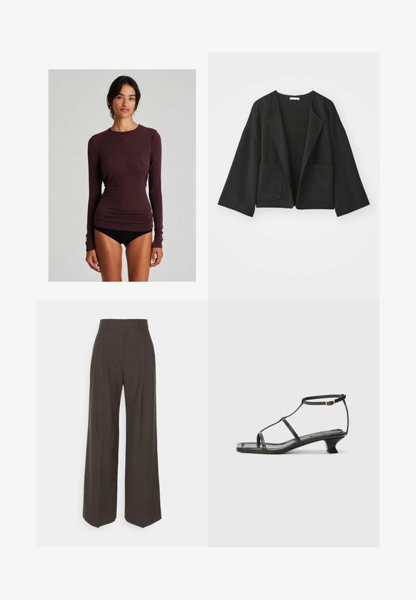 Schwarze, kurz geschnittene Jacke aus weichem Stoff. Mit weiten Ärmeln, offener Vorderseite und zwei Fronttaschen. Einfaches, klares Design ohne Verschlüsse.; Langärmliges lila Oberteil aus weichem Stoff, mit taillierter Passform, Rundhalsausschnitt und glatter Textur. Keine sichtbaren Muster oder Akzente.; Dunkelbraune weite Hose mit hoher Taille, die über sorgfältig gebügelte Falten, eine glatte Textur und eine taillierte Passform verfügt.; Schwarze Ledersandale mit quadratischer Zehenpartie, dünnen Riemen, verstellbarem Knöchelriemen und einem niedrigen Absatz. Mit einem kleinen goldenen Akzent am Riemen.