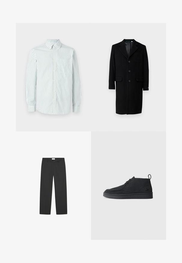 Lacoste Cappotto classico - noir; Les Deux KENT - Camicia - white; Pantaloni neri in tessuto leggero. Presentano un design a gamba dritta con una parte frontale piatta, tasche laterali e una vita discreta.; Stivale alla caviglia in suede nero con lacci, dotato di una linguetta per il tiraggio e suola testurizzata, caratterizzato da un piccolo logo a forma di coccodrillo embossato sul lato.
