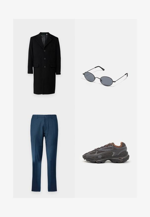 Lacoste Klassisk frakke - noir; Sort bomulds t-shirt med et hvidt trykt "LACOSTE" logo på forsiden. Korte ærmer og rund halsudskæring. Klassisk afslappet pasform.; Mørkeblå bukser med et subtilt ternet mønster, lavet af glat stof, med knaplukning og lige ben.; Lacoste sneakers i mørkegrå med mesh og syntetisk materiale, udstyret med en tekstureret sål og brune accenter på kraven og brandingen.; Sorte ovale solbriller med mørke linser og tynde metalrammer. Har slanke arme med en subtil kurve i enderne.