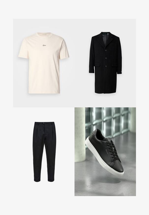 Lacoste Cappotto classico - noir; T-shirt crema in cotone con maniche corte e scollatura rotonda. Presenta un piccolo logo ricamato nero sul petto. Tessuto morbido.; Pantaloni neri realizzati in un tessuto liscio, dotati di una parte anteriore plissettata, vestibilità affusolata e risvolti. Chiusura semplice con bottone in vita.; Sneaker in pelle nera con suola in gomma bianca, punta rotonda e lacci. Presenta una texture liscia e un branding discreto sulla linguetta.