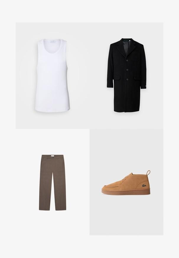 Lacoste Klasični plašč - noir; Bela majica brez rokavov iz mehkega bombaža, s krojnim izrezom, brez rokavov in ravnim robom. Minimalne šive.; Rjave karo s kvadratnim vzorcem, ravne oblike, z bočnimi žepi, zankami za pas in gumbom za zapiranje na pasu. Teksturirana tkanina.; Rjave antilopine čevlje s vezalkami in gumijastim podplatom ter z zanko za pomoč pri oblačenju, ki na strani nosijo podpisani krokodilov logotip.