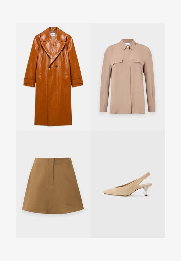 Dugi smeđi kaput od umjetne kože s širokim reverima, dvostrukim crnim gumbima, dva prednja džepa i manžetama.; Bež košulja s dugim rukavima na kopčanje od laganog tkanja. Ima dva džepa na prsima i klasični ovratnik, s ravnim krojem i minimalističkim dizajnom.; Smeđa suknja s lepršavim siluetom, izrađena od glatkog materijala. Ima jednostavan pojas i detalj šava na leđima.; Bež suknjica sa slijedom s uskim vrhom i prozirnim, zaobljenim potplatom. Glatka tekstura i minimalistički dizajn.