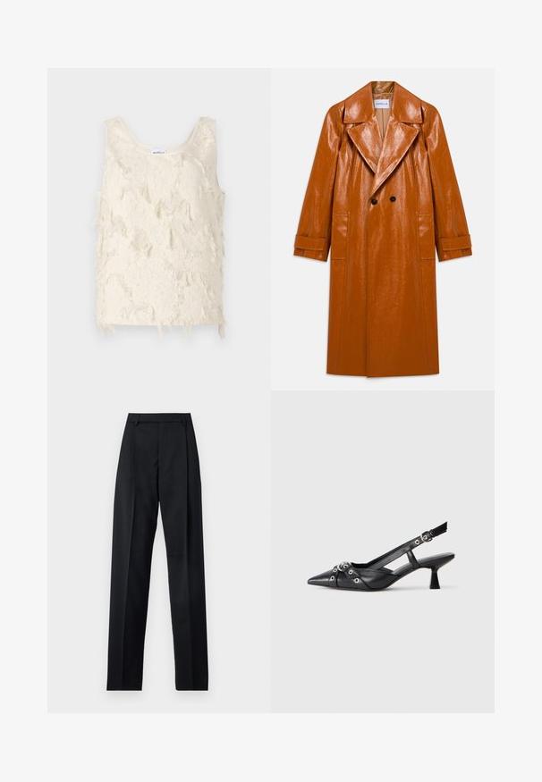 Long brown faux leather trench coat with wide lapels, double black buttons, two front pockets, and cuffed sleeves.; Cream-colored sleeveless top with a textured, fringed pattern and smooth edges. Label at the neckline reads "Marella."; Black trousers made from smooth fabric featuring a high waist, wide legs, front pleats, and classic belt loops. No side pockets visible.; Black leather slingback shoe with a pointed toe, decorative straps featuring metal eyelets, and a low block heel. Textured surface.