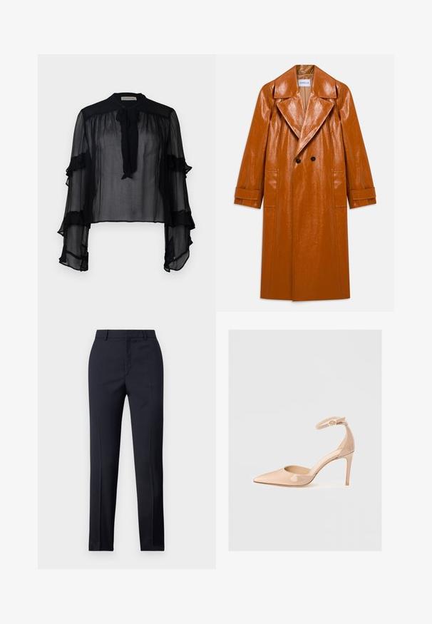 Pikk pruun kunstnahk trench coat, laiade klappidega, kahekordsete mustade nuppudega, kahe esise taskuga ja mansettidega varrukatega.; Must mustrakk, pikendatud, volangidega varrukad ja nööriga kaelus. Omab kerget kangast ja vaba lõiget, sobib kihiliseks kandmiseks.; Tumed kohandatud püksid sirge lõikega, millel on sile tekstuur, kaks esist taskut ja puhas vöökoht.; Naha nahkadele paigutatud teravvarvaste jalanõud, millel on pahkluu rihm ja stilettokõrgus, silmapaistva sileda tekstuuri ja minimalistliku disainiga.