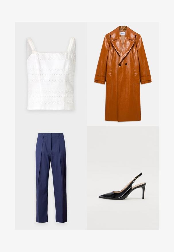 Ilgas rudas dirbtinės odos paltas su plačiais atlapais, dviem juodais mygtukais, dviem priekinėmis kišenėmis ir rankovėmis su kumštiniais galais.; Balta medvilninė maikutė su plonomis petnešomis, turinti siuvinėtus raštus ir iškirptus elementus. Lygi tekstūra, prigludęs dizainas.; Tamsiai mėlynos kelnės, pagamintos iš lengvos medžiagos, turinčios tiesų kirpimą, priekinį raukšlėjimą ir lygų paviršių.; Juodas lakinės odos slingback batelis su smailiu nosiu, plonu kulnu ir subtiliu išpjovos dizainu. Yra auksinė sagtis ant dirželio.