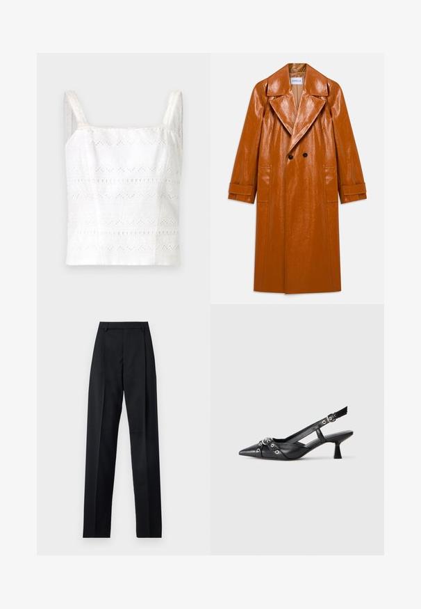 Lange bruine faux leren trenchcoat met brede revers, dubbele zwarte knopen, twee voorzakken en opgerolde mouwen.; Witte katoenen top met dunne bandjes, voorzien van geborduurde patronen en uitsnijdingen. Gladde textuur, aansluitend ontwerp.; Zwarte broek gemaakt van gladde stof met een hoge taille, wijde benen, voorplooien en klassieke ceintuurlussen. Geen zijzakken zichtbaar.; Zwarte leren slingback schoen met een puntige neus, decoratieve banden met metalen oogjes en een lage blokhak. Textuur oppervlak.