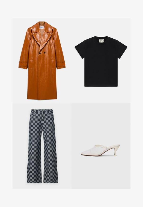 Trench coat lungo in finta pelle marrone con ampi revers, doppio bottone nero, due tasche frontali e maniche con risvolto.; Maglietta nera a maniche corte con collo rotondo e un'etichetta bianca all'interno del colletto con la scritta "D.R.C. EST. 2002" su sfondo bianco.; Pantaloni a gamba larga in una fantasia a scacchi blu scuro e grigia, con chiusura a bottone, tasche frontali e una texture morbida.; Mule bianco in rete con punta appuntita, tacco medio sottile e design slip-on su uno sfondo semplice.