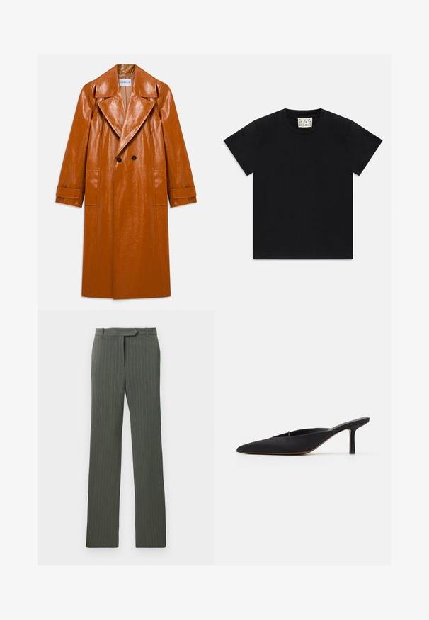 Long brown faux leather trench coat with wide lapels, double black buttons, two front pockets, and cuffed sleeves.; Black short-sleeve crew neck t-shirt with a white tag inside the collar labeled "D.R.C. EST. 2002" on a white background.; Dark gray pinstripe tailored trousers with belt loops and a straight-leg fit laid flat on a white background.; Black pointed-toe mule with a sleek design, made of smooth fabric, featuring a slender heel and open back for easy wear.