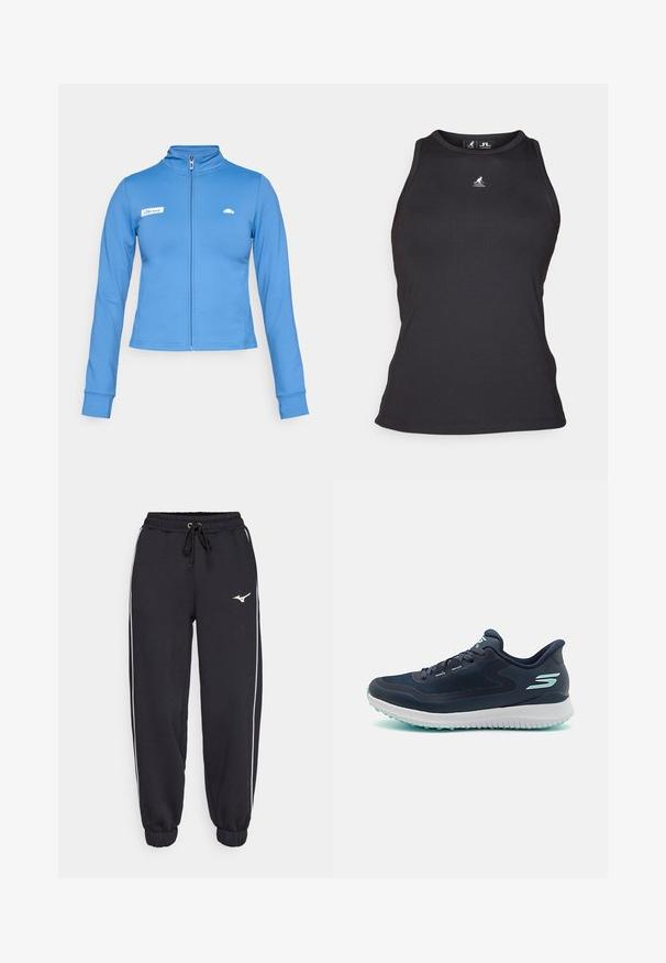 Μπλε φερμουάρ μακρυμάνικο αθλητικό μπουφάν με ψηλό γιακά, λογότυπο ellesse στην αριστερή πλευρά του στήθους και μικρό έμβλημα στη δεξιά πλευρά.; Μαύρο ριβε κορμάκι με ψηλή λαιμόκοψη και χωρίς μανίκια. Περιλαμβάνει ένα μικρό λογότυπο στο στήθος και έχει εφαρμοστή σιλουέτα.; Mizuno ATHLETICS PANT - Παντελόνι φόρμας - black; Ναυτικό μπλε αθλητικό παπούτσι τρεξίματος με αναπνεύσιμο επάνω μέρος από δίχτυ, λευκή ενδιάμεση σόλα και ανοιχτό μπλε λεπτομέρειες. Διαθέτει υφή στη σόλα για πρόσφυση.