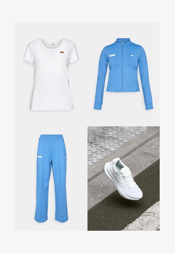 Kék, cipzáras, hosszú ujjú sportdzseki magas gallérral, a bal mellen ellesse logóval és egy kis emblémával a jobb mellen.; Fehér, rövid ujjú póló könnyű anyagból, kerek nyakkivágással és egy kis hímzett logóval, amely piros és sárga díszítéseket tartalmaz.; Kék melegítőnadrág elasztikus derékkal, egyenes lábakkal, oldalsó zsebekkel és logóval a bal combon. Sima, puha szövettextúra.; Fehér sportcipő hálós felsőrésszel, fűzős kialakítással és texturált talppal. Diszkrét logózás és zökkenőmentes kivitelezési részletek láthatók.