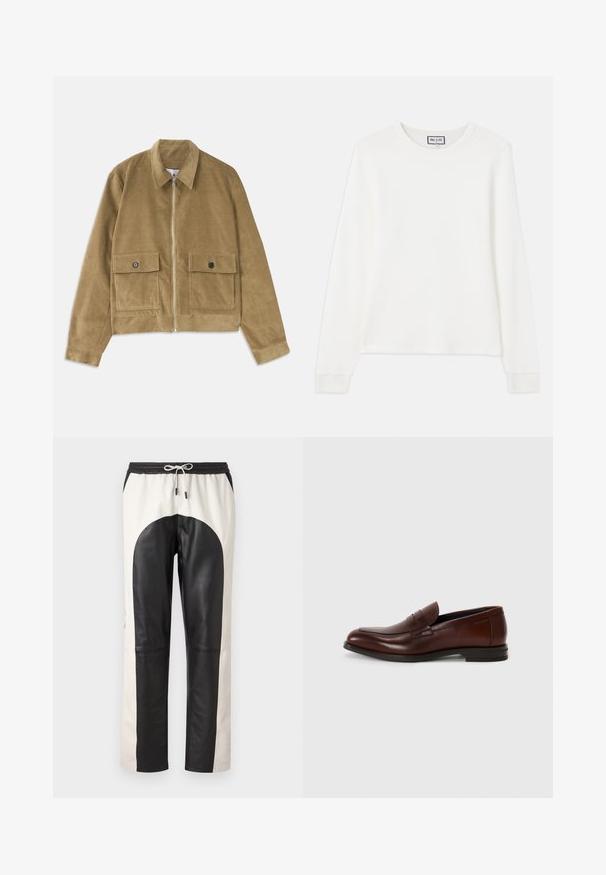 Béžová kordová bunda so zipsom, golierom a dvomi prednými vreckami s klopami na gombíky.; Biela dlhá rukávová rebrovaná pletená blúzka s okrúhlym výstrihom a priliehavými manžetami. Na golieri sa nachádza štítok s nápisom "PAUL & JOE".; Nohavice čiernej a krémovej farby s uvoľneným strihom, elastickým pásom so šnúrkou a kombináciou kožených a textilných materiálov.; Hnedé kožené mokasíny s okrúhlou špičkou, prednou prackou a nízkym klinovým podpätkom. Hladký povrch s minimálnymi dekoratívnymi akcentmi.
