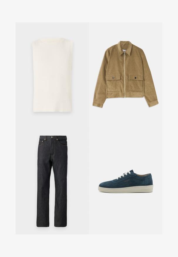 Barna kordbársony dzseki, cipzárral, galléros nyakkal és két elülső, gombos zsebes patch-zsekkel.; Ujjatlan, fehér bordás felső, kerek nyakkal, sima textúrával és testhez álló fazonnal, alkalmas hétköznapi viseletre.; Sötétkék farmernadrág egyenes szabással. Öt zsebbel, narancssárga varrással és gombos záródással a deréknál.; Kék velúr sneaker lekerekített orral, fehér fűzővel és gumitalppal. Diszkrét varrásokkal és oldalsó márkázott akcentussal rendelkezik.