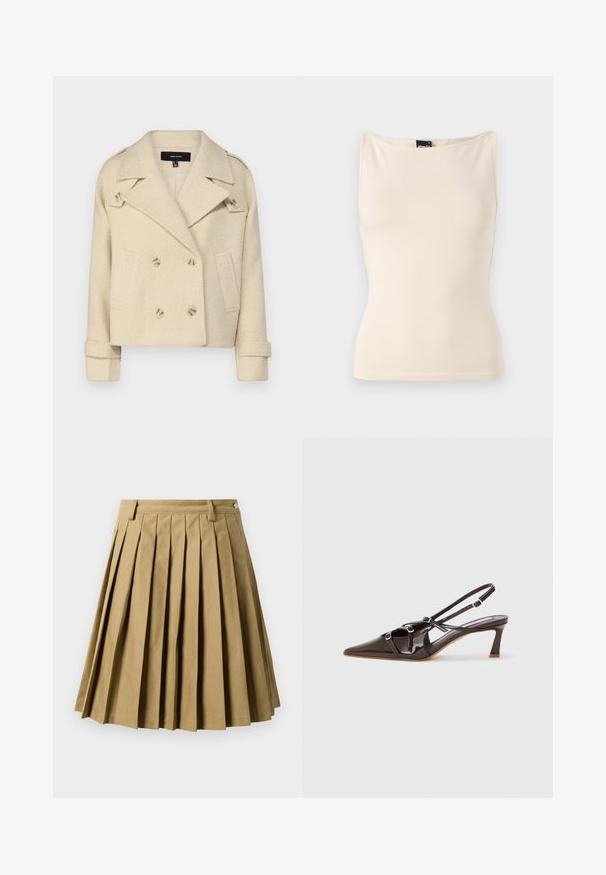 Beige, double breasted gyapjúkeverék kabát, cipzáras hajtókával, két elülső zsebbel és dupla gombos záródással. Strukturált anyag, hajtott mandzsettákkal.; Beige ujjatlan felső, testhezálló fazonnal, sima, rugalmas anyagból készült. Széles pántokkal és lekerekített nyakkivágással rendelkezik, minimális varrást részletezve.; Khaki színű, ráncolt szoknya pamut keverékből, melynek illeszkedő dereka övhurkokkal rendelkezik, és a sziluettje bővül, térd fölé érve.; Barna lakkbőr slingback sarok, hegyes orral, állítható pántokkal és díszes csatokkal az elején. 7,5 cm sarokmagasság.