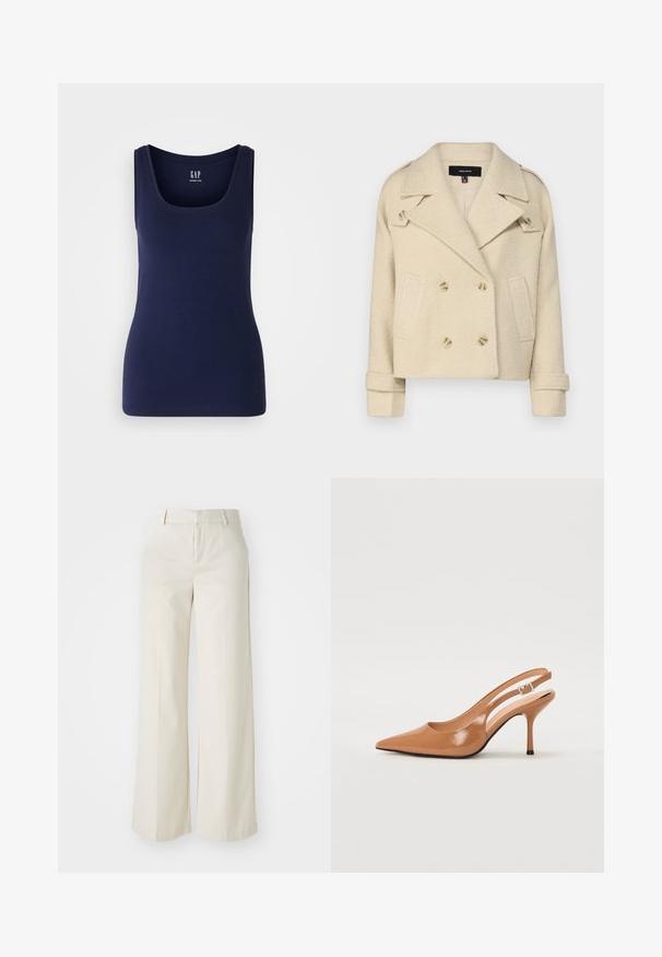 Beige double-breasted wool-blend jacket with notch lapels, two front pockets, and double button closures. Textured fabric with folded cuffs.; GAP TANK - Top - navy; Wide-leg trousers in a light beige color, made of a smooth fabric. Features a classic waistband and flat front with clean lines.; Pointed toe slingback heel in a smooth, glossy tan material. Features a curved cutout design and a slender stiletto heel. Silver buckle detail.