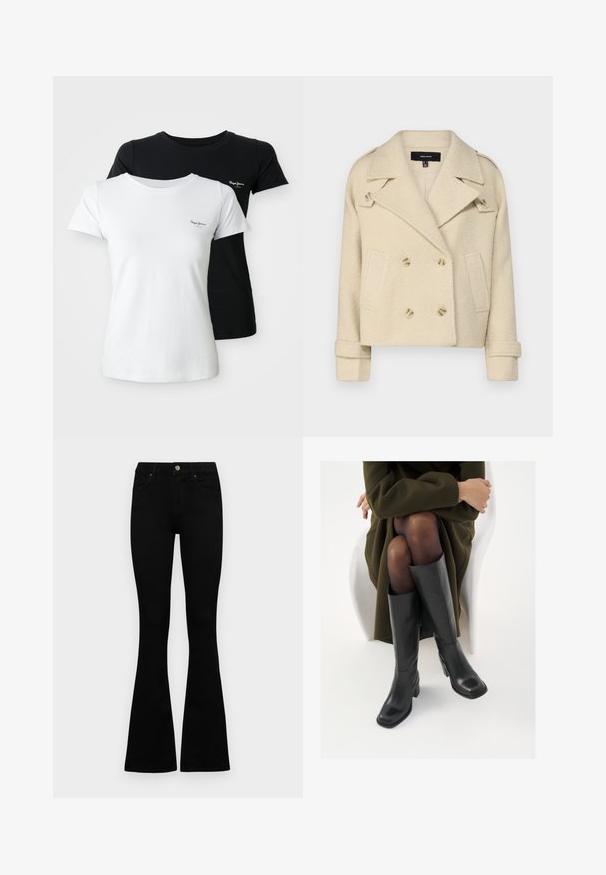 Vaaleanbeige kaksirivinen villasekoitekavajakkie, jossa on läppäkaulus, kaksi etutaskua ja kaksoispainikkeellinen suljenta. Rakenne on tekstuuri, jossa on käännetyt hihansuut.; Kaksi lyhythihaista pyöreäkaulaista t-paitaa, yksi valkoinen ja yksi musta, kummassakin pieni brodeerattu logo vasemmassa rinnassa.; Mustat korkeavyötäröiset farkut nappi- ja vetskariyläosalla, etutaskuilla ja levenevillä lahkeilla, asetettuna tasaisesti valkoista taustaa vasten.; Polvisuoja mustat nahastossud, millel on ruudukujuline varvas ja plokk-kints, on esitatud mudeli seljas, kes istub oliivrohelises mantlis. Sile tekstuur, minimaalne detailitus.