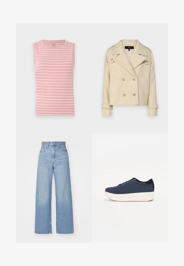 Šviesiai rudos spalvos dvigubos krūtininės vilnonės striukės su įpjovomis apykaklėmis, dviem priekinėmis kišenėmis ir dvigubais mygtukais. Tekstūruota medžiaga su sulenktais rankogaliais.; Bešvarkis rožinės spalvos viršus su horizontaliomis baltomis juostelėmis, apvaliu iškirpimu ir minkšta medvilne. Paprastas dizainas, jokio papildomo akcento.; Šviesiai mėlynos aukšto liemens plačios kojos džinsai su priekiniais užtrauktukais ir sagom, priekinėmis ir galinėmis kišenėmis, ant baltos fono.; Tamsiai mėlynas sportinis batelis su tekstūruotu audiniu viršuje, baltu platformos padu, apvaliu pirštu ir juodu kulno akcentu.š. Yra šešios skylės raišteliams.